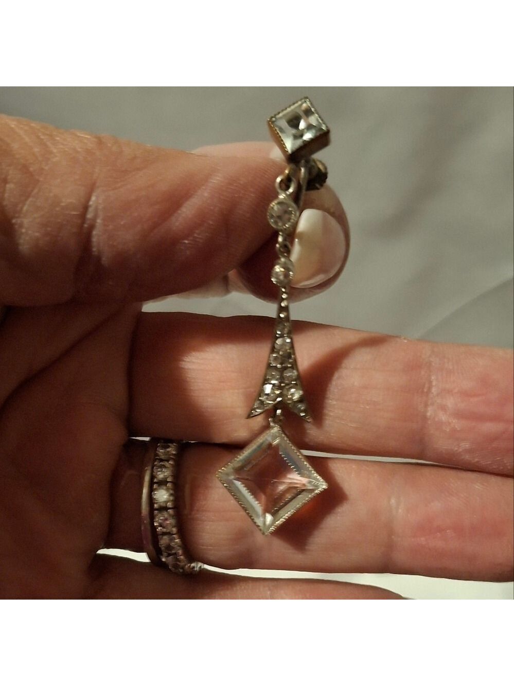 Art Deco Faceted Czech Glass Silver Drop Screwback Earrings Vintage - Picture 10 of 13